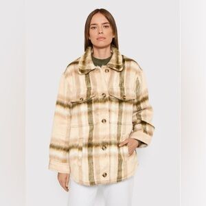 American Eagle Hairy Brushed Fur Plaid Oversized Shacket Jacket - Tan - L Large